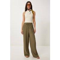 Happiness Istanbul Women's Wide Leg Drawstring Waist Pants with Binding Detail in Olive | Size: Small