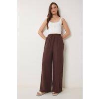 Happiness Istanbul Women's Wide Leg Drawstring Waist Pants with Binding Detail in Brown | Size: Small
