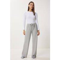 Happiness Istanbul Women's Wide Leg Jogger Pants with Drawstring Closure in Light Grey | Size: Large