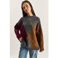 Bianco Lucci Women's Oversized Knitted Diamond Pattern Sweater in Charcoal