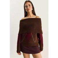 Bianco Lucci Women's Madonna Collar Knitted Sweater with Baklava Pattern in Brown