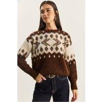 Bianco Lucci Women's Ethnic Pattern Thick Knit Sweater with Crew Neck in Brown