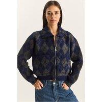 Bianco Lucci Women's Thick Jacquard Knit Cardigan with Zipper in Dark Navy