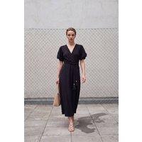 MyFashion Women's Belted V-Neck Maxi Wrap Dress in Black | Size: Medium