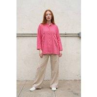 MyFashion Women's Oversized Linen-Blend Long Sleeve Shirt in Bright Pink | Size: Small