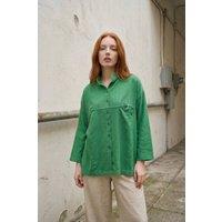 MyFashion Women's Oversized Linen-Blend Long Sleeve Shirt in Green | Size: Large