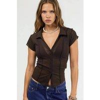 Busem Women's Textured Knitted Short Sleeve Shirt with Buttons in Brown | Size: Medium