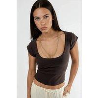 Busem Women's Slim Fit Ribbed U Collar Blouse in Chocolate | Size: Large