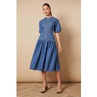 Oasis Women's Drop Waist Button Up Denim Midi Dress in Mid Wash | Size: 12