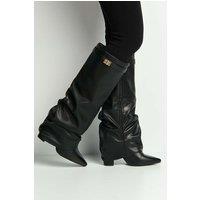 Miss Diva Women's Izel Block Heel Pointy Toe Gold Trim Buckle Ruched Boots in Black | Size: 7