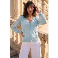Roman Women's Woven Sleeve Buttoned Knit Jumper in Light Blue | Size: 20