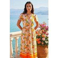 Roman Women's Fruit Print V-Neck Midi Dress in Orange | Size: 16