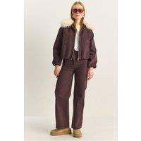 Bianco Lucci Women's Crop Denim Jacket with Faux Fur Detail in Dark Brown | Size: Medium