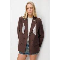 MixRay Women's Linen Blazer Jacket with Scarf Detail in Dark Brown | Size: Medium
