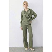 Bianco Lucci Women's Shawl Detailed Blouse & High Waist Wide Leg Pants Two-Piece Set in Olive | Size: Medium