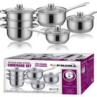 BARGAINS-GALORE 6pc Stainless Steel Cookware Set Steamer Saucepan Ventilated Glass Lid in Silver