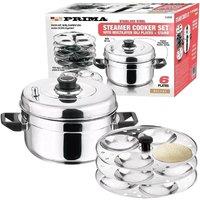BARGAINS-GALORE Stainless Steel Steamer Pan Cooker Set With 6 Tier Idli Plates & Stand in Metallic Silver