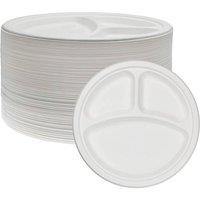 ECONX 3 Compartment Round Bagasse Plates 10 Disposable Dinner Party Plates in White | Size: 100 Pieces