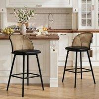 FURNITURE ONE Bar Stools Set of 2, Bar Chairs with PE Rattan Backrest in Black | Size: 2 Pack