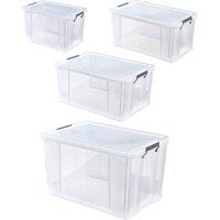 Whitefurze Set of 4 Allstore Storage Box with Lid & Silver Clamp - Clear