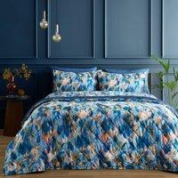 Portfolio Home Daphne Floral Quilted Throwover Bed Throw Over Blanket 200 x 230cm in Blue | Size: 200 cm x 230 cm