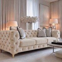 Sofaya Monaco Chesterfield Velvet Cushions Sofa Set 3+2 Seater Couch in Cream | Size: 4 Person