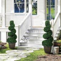 HOMCOM Set of 2 Potted Artificial Plants, Topiary Spiral Boxwood Trees, 90cm in Light Green