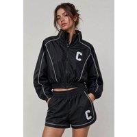 STYLEWISE Women's Piping Detail Shell Jacket & Shorts Co-Ord Set in Black | Size: XS