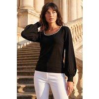 Roman Women's Square Neck Pearl Trim Knit Jumper in Black | Size: 12