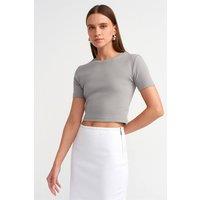 Dilvin Women's Slim Fit Crop Crew Neck T-Shirt in Light Grey | Size: Small