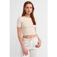 Dilvin Women's Slim Fit Crop T-Shirt in Beige | Size: Small
