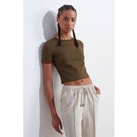 Dilvin Women's Crop Slim-Fit Crew Neck T-Shirt in Khaki | Size: Medium