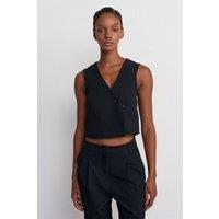 Dilvin Women's Crop Woven Waistcoat With Button Front in Black | Size: Large