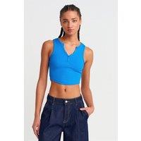 Dilvin Women's Ribbed Crop Blouse With Buttons in Cobalt | Size: Large