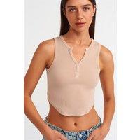 Dilvin Women's Ribbed Crop Blouse With Buttons in Beige | Size: Large