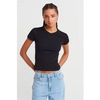 Dilvin Women's Slim Fit Cotton V-Neck T-Shirt in Black | Size: Small