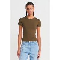 Dilvin Women's Slim Fit Cotton V-Neck T-Shirt in Khaki | Size: Small