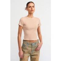 Dilvin Women's Slim Fit Crop T-Shirt in Beige | Size: Small