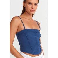 Dilvin Women's Ribbed Square-Neck Crop Top in Blue | Size: Small