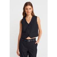 Dilvin Women's Cropped V-neck Button Waistcoat in Black | Size: Small