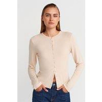 Dilvin Women's Ribbed Crew Neck Button Cardigan in Beige | Size: Large