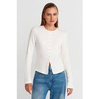 Dilvin Women's Ribbed Crew Neck Button Cardigan in Off-White | Size: Small