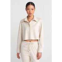 Dilvin Women's Cropped Faux Suede Button Shirt in Cream | Size: Large