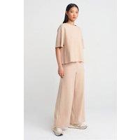Dilvin Women's High-Waist Wide-Leg Knit Trousers in Beige | Size: Small