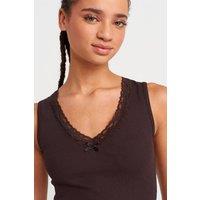Dilvin Women's Sleeveless Lace Ribbed V-neck Blouse in Chocolate | Size: Small