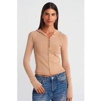 Dilvin Women's Ribbed Cotton-blend Cropped Hooded Blouse in Tan | Size: Medium