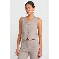 Dilvin Women's Belted Cropped V-Neck Waistcoat in Beige | Size: Large