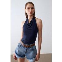 Dilvin Women's Sleeveless Cowl Neck Tie Blouse in Navy | Size: Large