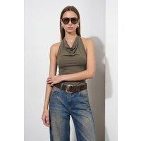 Dilvin Women's Sleeveless Cowl Neck Tie Blouse in Khaki | Size: Large