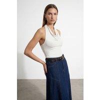 Dilvin Women's Sleeveless Cowl Neck Tie Blouse in Off-White | Size: Medium